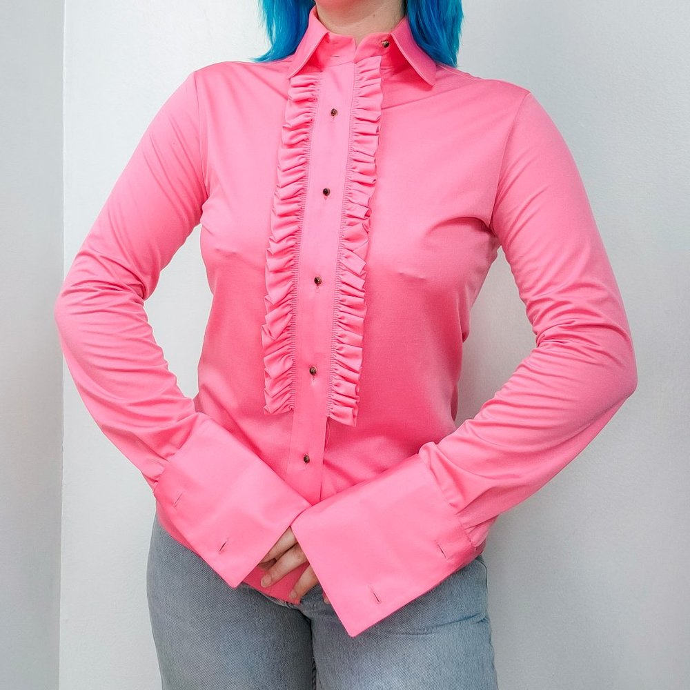 Vintage 1970s Pink Ruffled Tuxedo Blouse
